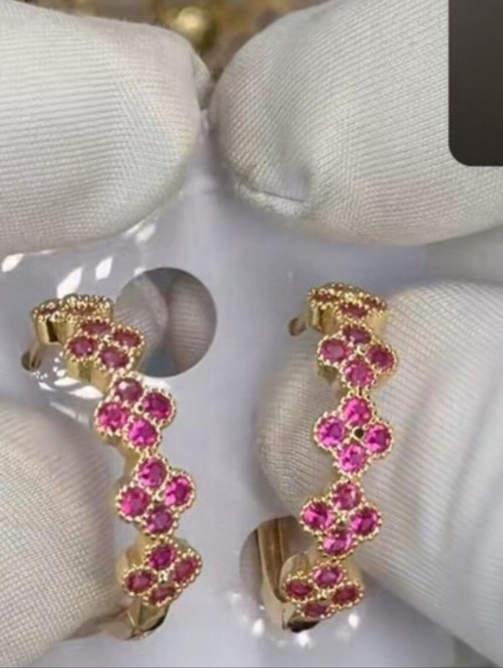 Gold Tone Pink Crystal Floral Hoop Earrings - Women Jewelry